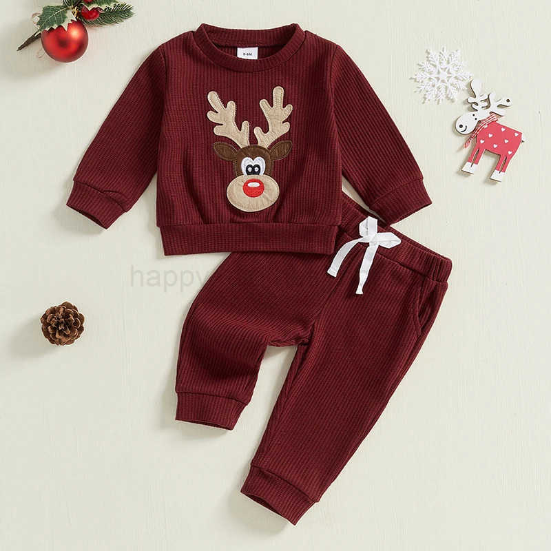Baby Boy 2Pcs Christmas Outfits Long Sleeve Reindeer Embroidery Ribbed Sweatshirt and Pocket Drstring Pants Set Winter ClothesXJ241205