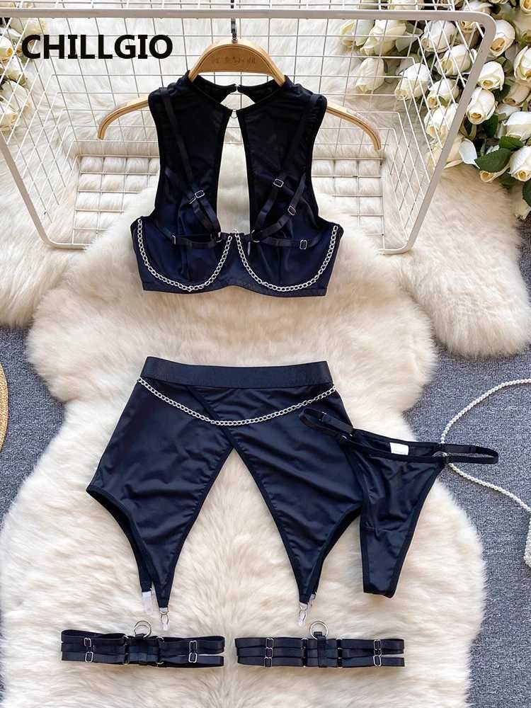 LLGIO Women Chain Sexy Bra Briefs Suits Fashion Three Pieces Bra Underpants Outfit Bodycon Sexy Solid Push Up Lingerie SetsXJ241205