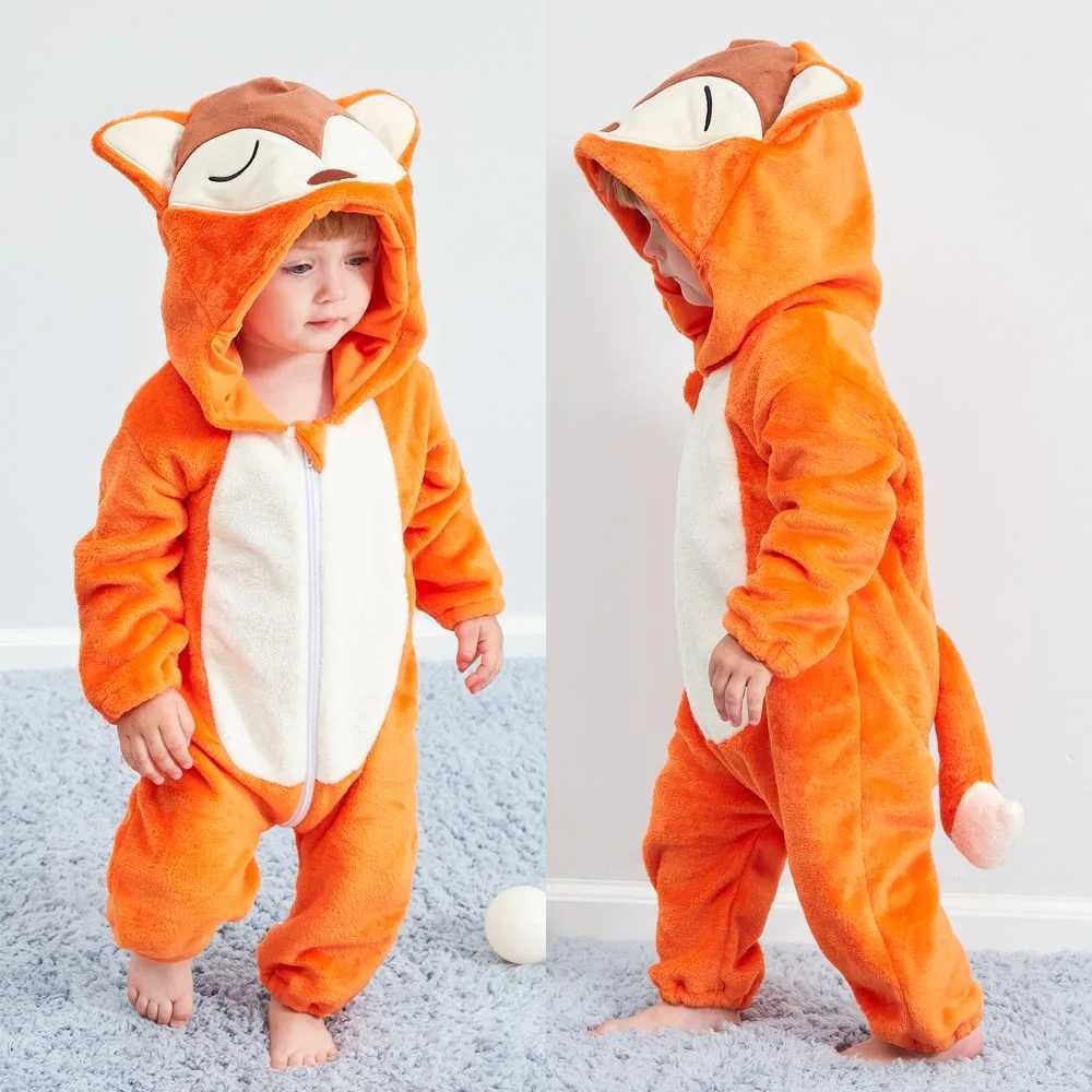 Pajamas 0 to 1 2 3 4 Years Kids Kigurumi Rompers Winter Hooded Cartoon Jumpsuit Baby Clothes Children Animal Cosplay Costumes Jumpsuits H241205