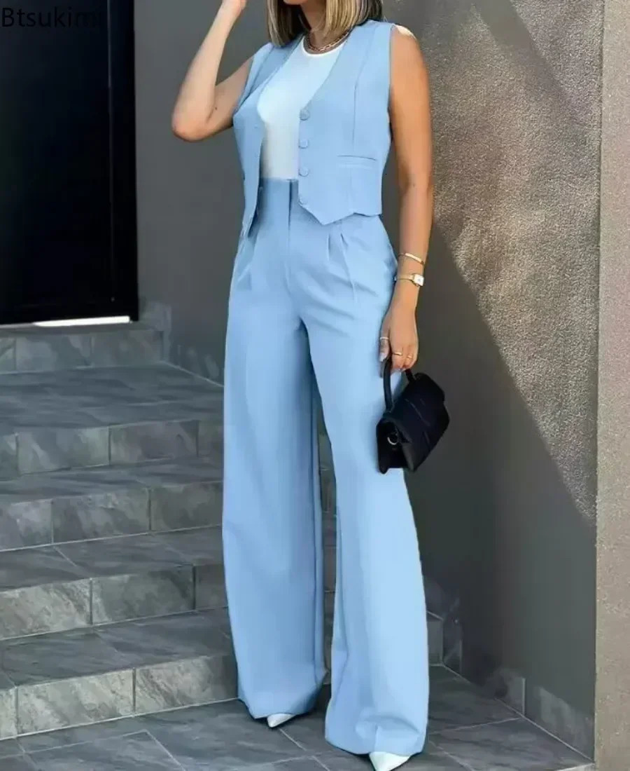 Summer Casual 2PCS Pants Solid Tank TopPants Elegant High Waist Wide Leg Womens Matching Set