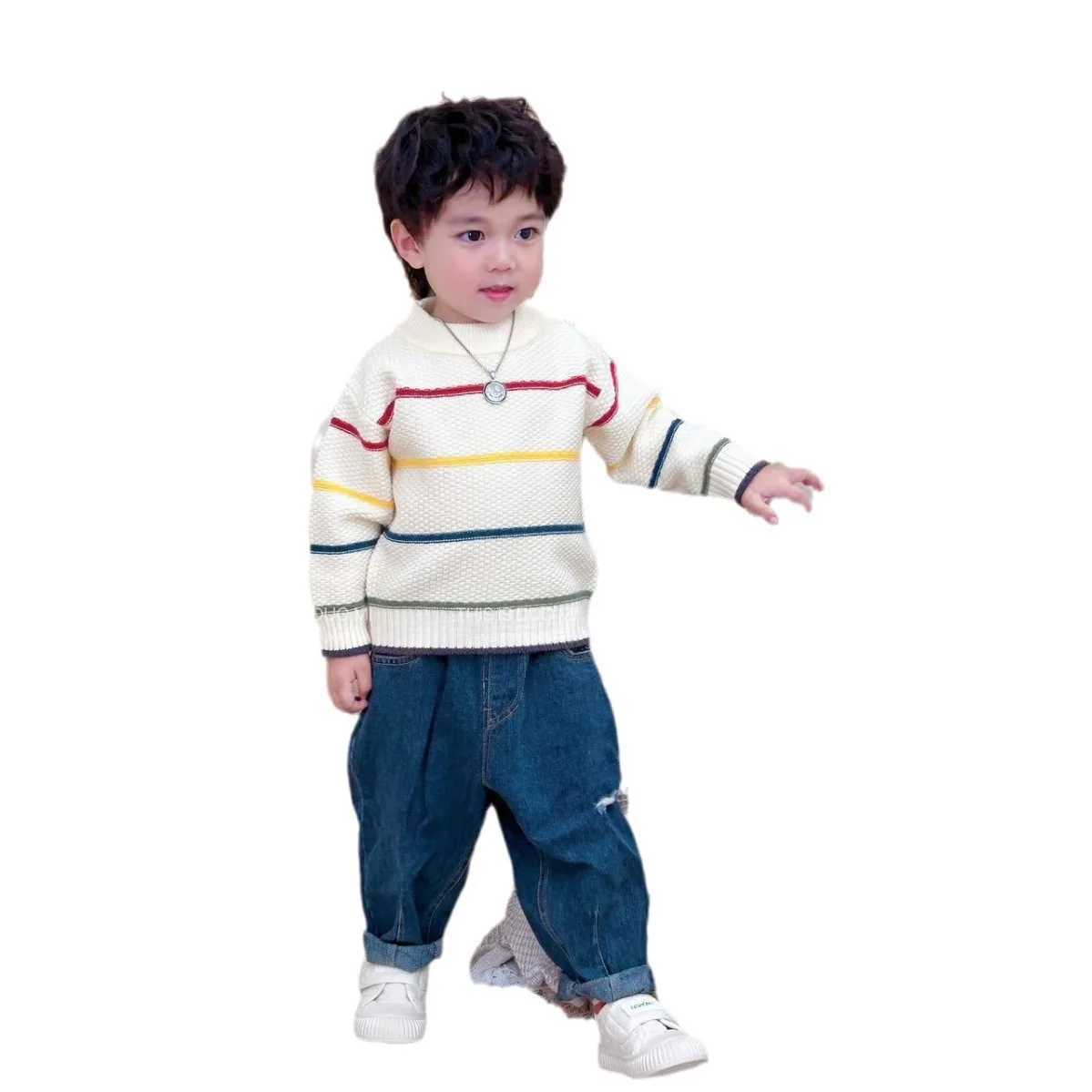 2024 Spring/Autumn Baby Boys Sweater Cotton Striped Long Sleeve Little Boys Pullover Round Neck Knitted Childrens Top W241205