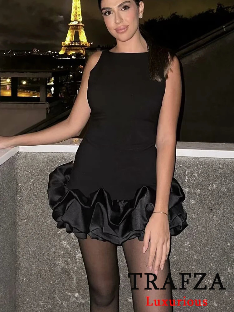 TRAFZA Vintage Chic Sexy Women Dress Solid Cami Sleeveless Backless Mini Party Vestidos Fashion Autumn Winter Dress 241205