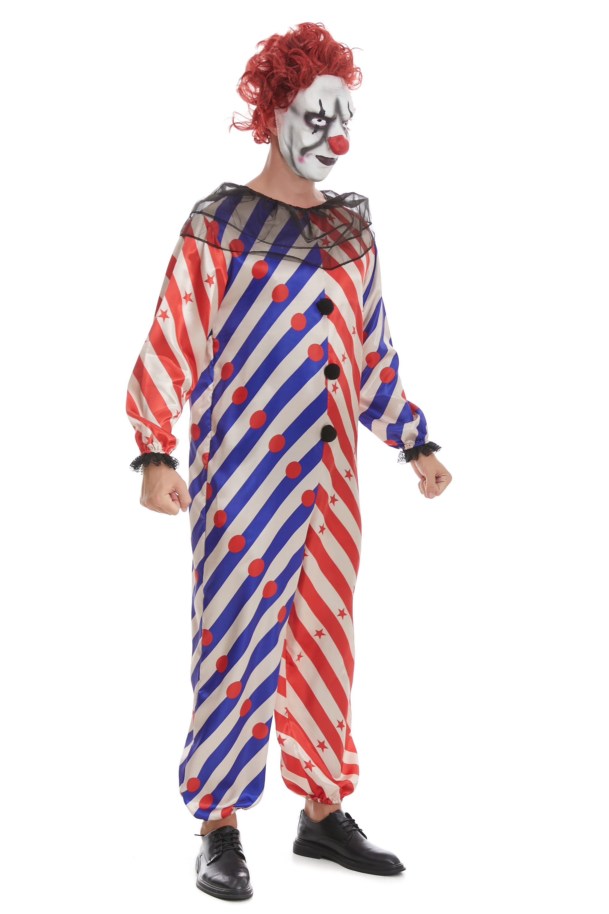 Cy252 Complete Clown Costume Two-Piece Outfit with Mask and Hair Accessory