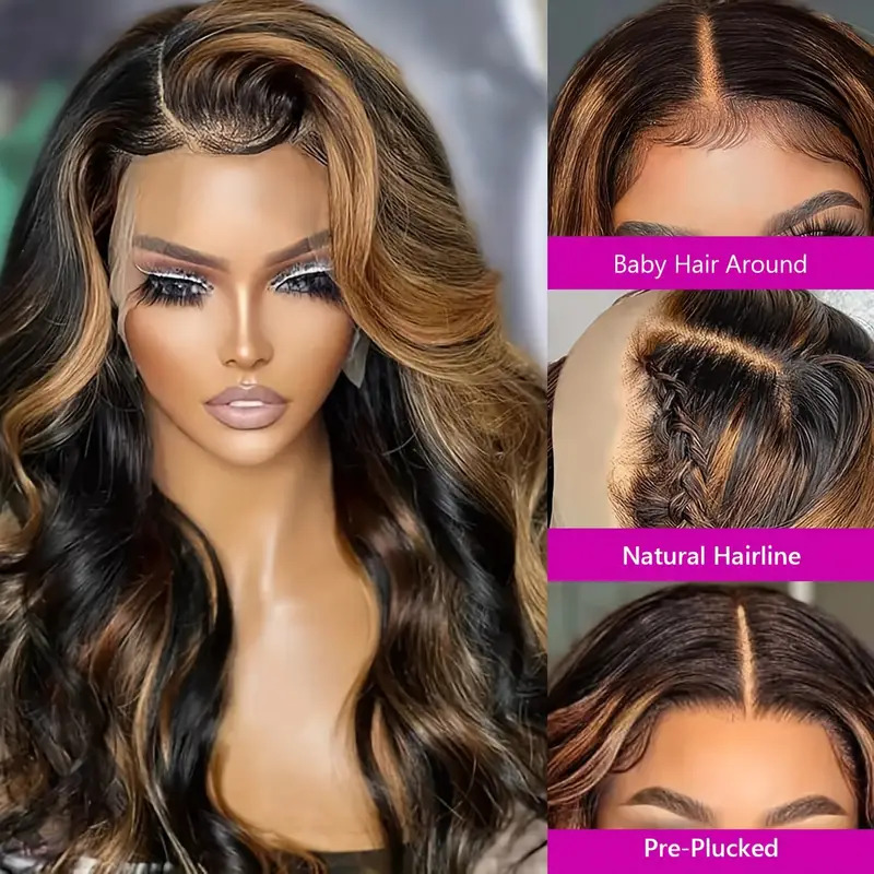 Luvin Ombre Highlight 13*4 Front Wig Human Hair 1B/30 Black Brown Body Wave Wigs Transparent Lace Brazilian For Women