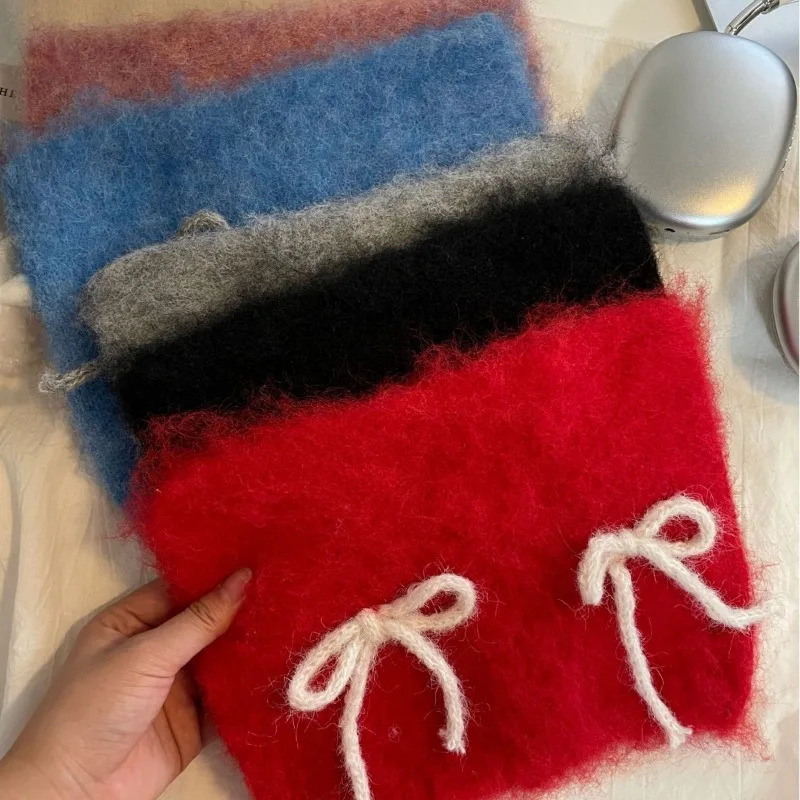 Mohair Double Bow Cute Knitted Hat for Womens Autumn and Winter Handmade Warm Ear Protection Cat Ear Skull Bean Hat from South Korea 241205