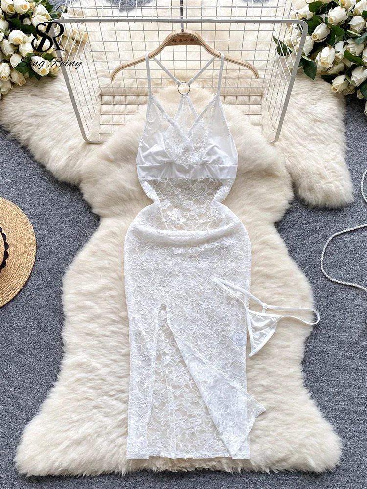 SINGREINY Summer France Sensual Night Dress Erotic Hollow Out Camis Lingerie Nightwear Women Split Slim Sheer Lace Pajamas Dress 241205