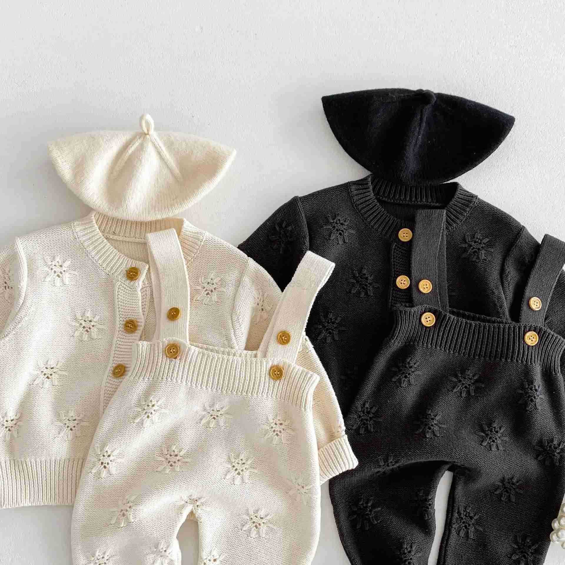 8972 Baby Clothes 2024 Spring New Solid Color Baby Girls Knitted Cardigan Coat Or Strap Pant Casual Two Piece SetXJ241205