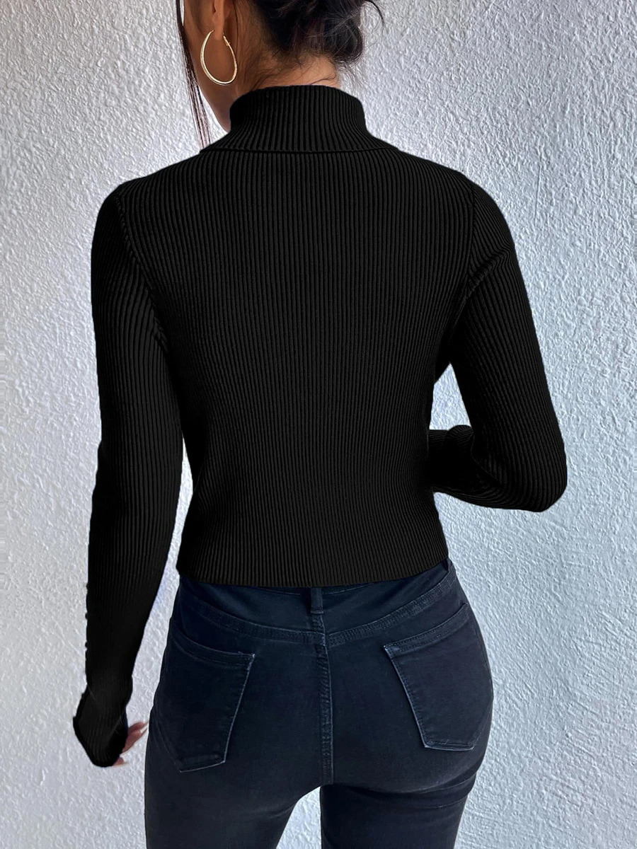 autumn and winter womens folding turtle neck long cut pearl sleeve sweater casual rib knitted skydiving top womens Y2K clothing 241202