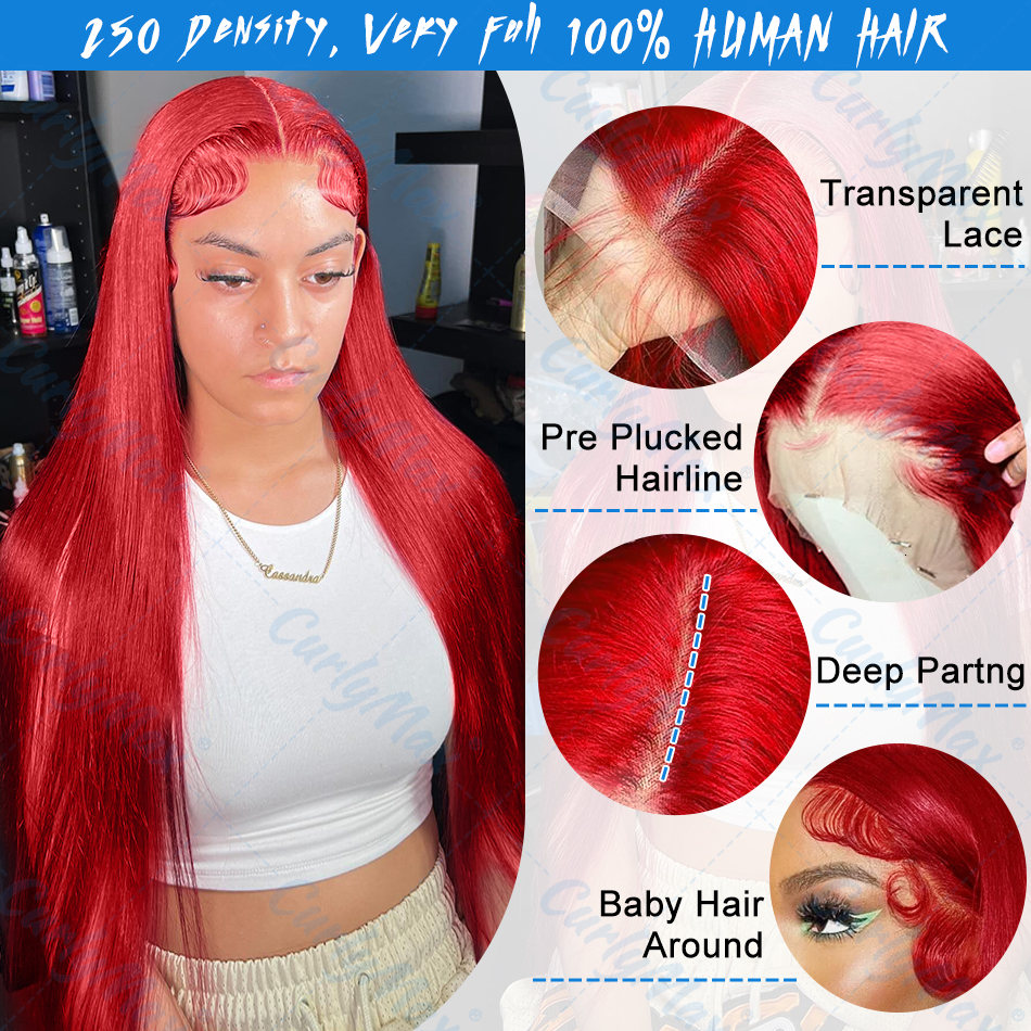 Luvin 250 Density 13X4 Hot Red Bone Straight Front Wig Colored 13X6 Transparent Lace Frontal Human Hair Wigs