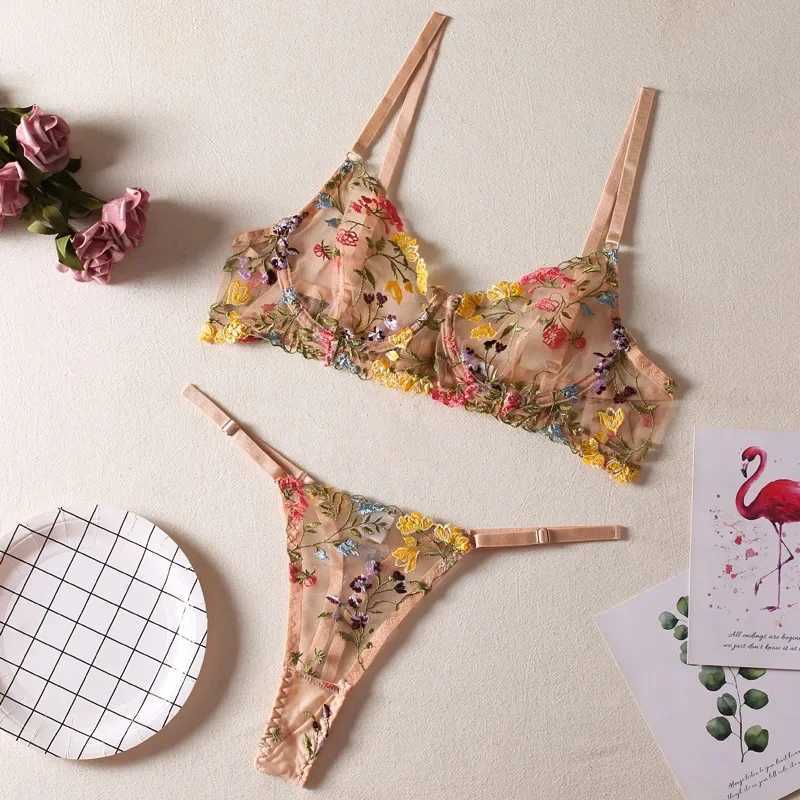 Floral Embroidery Lingerie Set Women Sheer 2-Piece Boho Bra + Panty Underwear Set IntimatesXJ241205