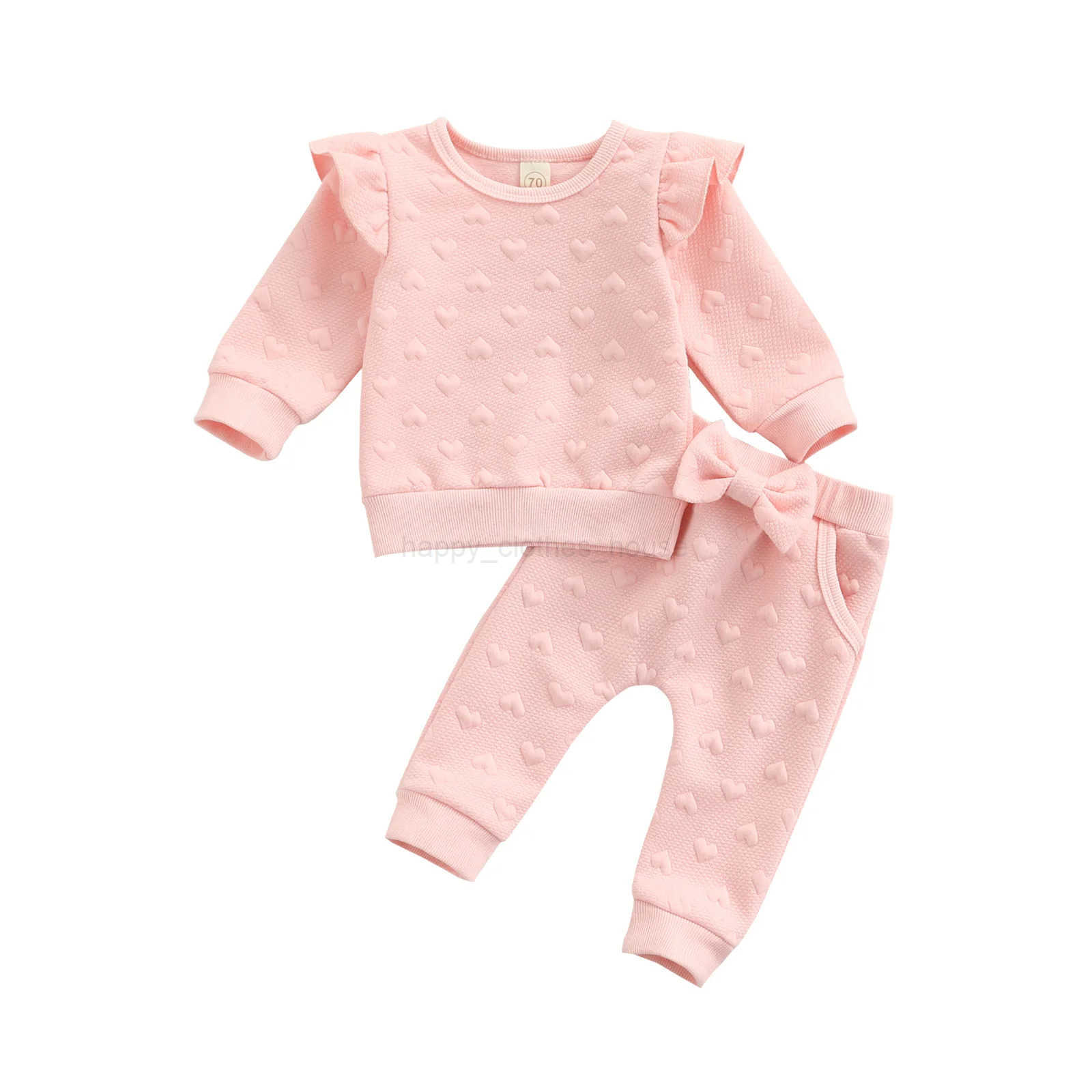 Valentine 2 Pieces Kids Suit Set Solid Color O-Neck Long Sleeve Ruffle Tops+ Bowknot Trousers for Girls Pink 0-24 MonthsXJ241205