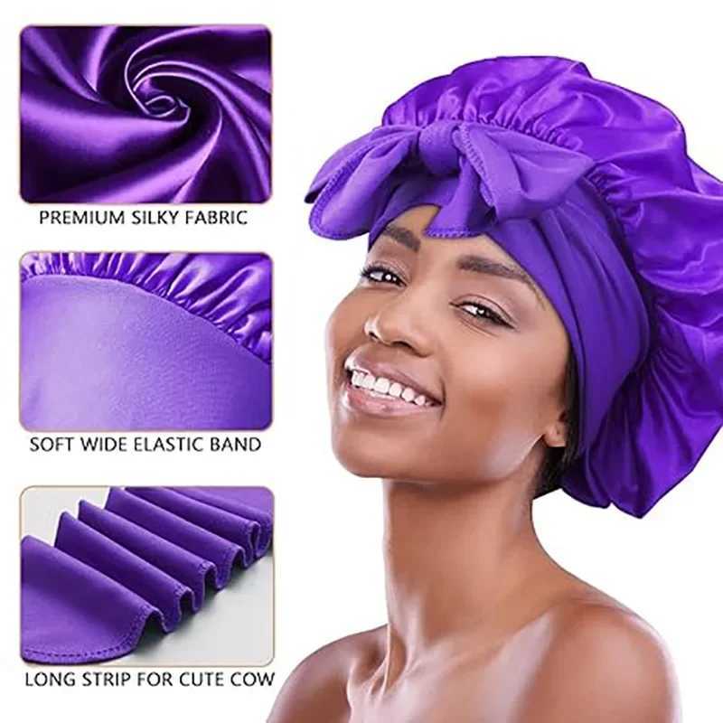 Women Satin Widened Sleep Hat Night Sleep C with Long Streamer Hair Care Bonnet Nightc Elastic C De Nuit Shower TuanXJ241205