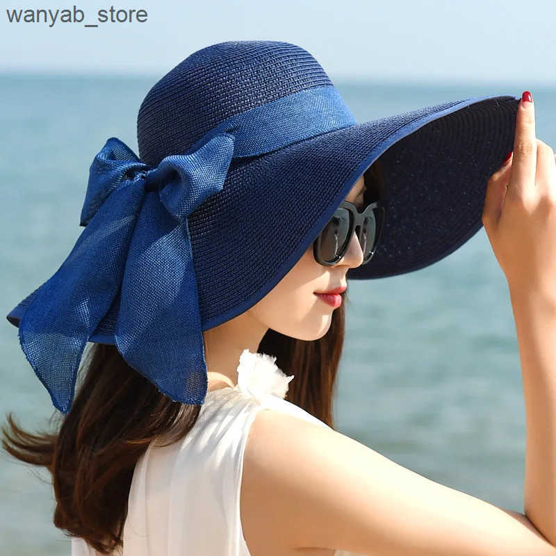Cloches Womens Summer Beach Tourist Straw Hat Korean Seaside Big Hat Brim Sunblock Sunhade Holiday Folding Fashion Cool Hat L240910