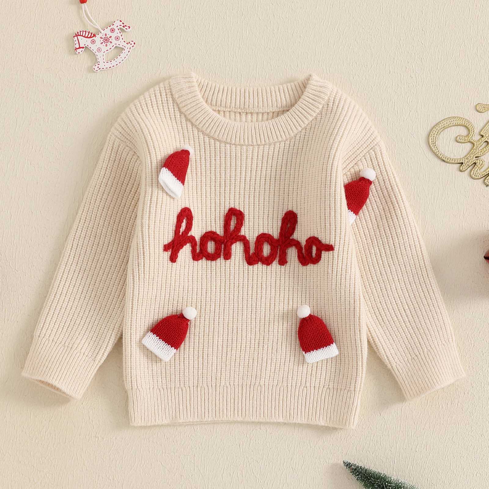 MISOWMNJOY Cute Knitted Baby Christmas Sweater Warm and Casual Newborn Parachute Letter Embroidered Christmas Hat Baby Pullup Top W241205