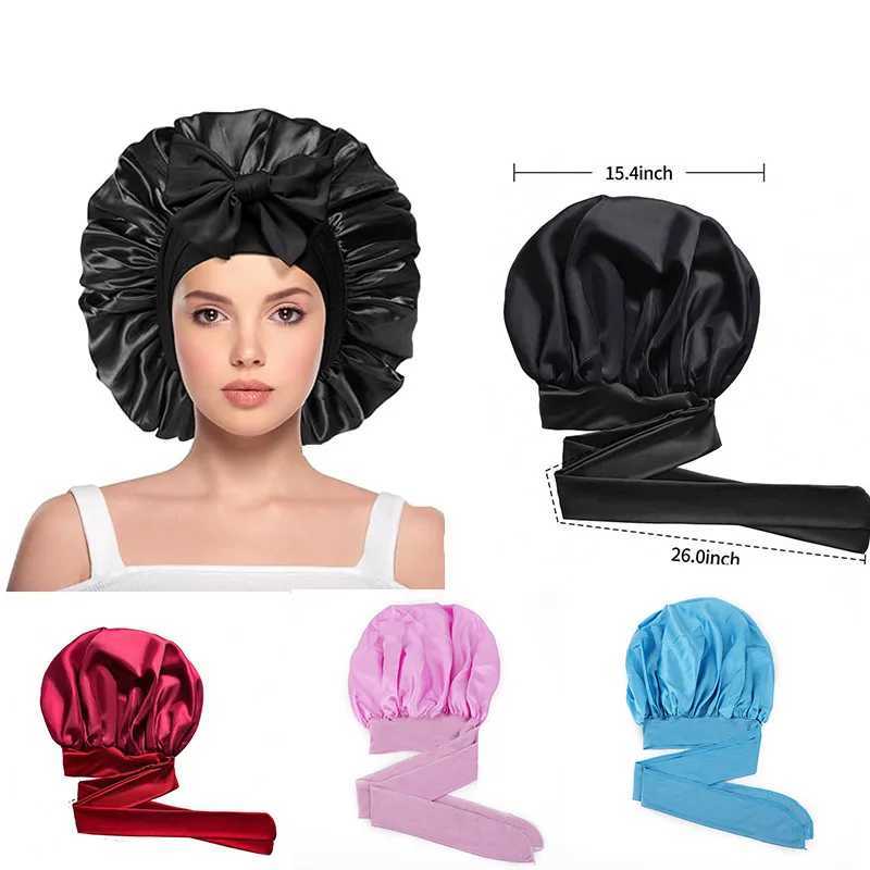 Satin Bonnets Night Sleeping C Large Elastic Wide Soft Band Colorful Silk Hat for Curly Hair Care Beauty Makeup for WomenXJ241205