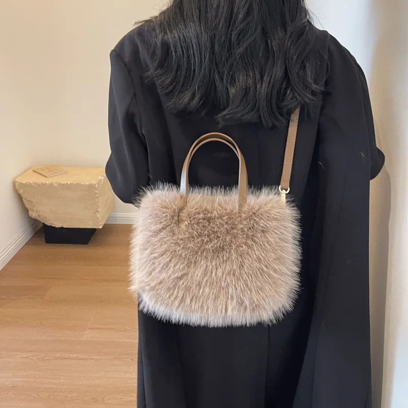 Artificial fur handbag patch work leather womens bucket plush womens handbag shoulder bag Bright Bolsa Feminina 241205