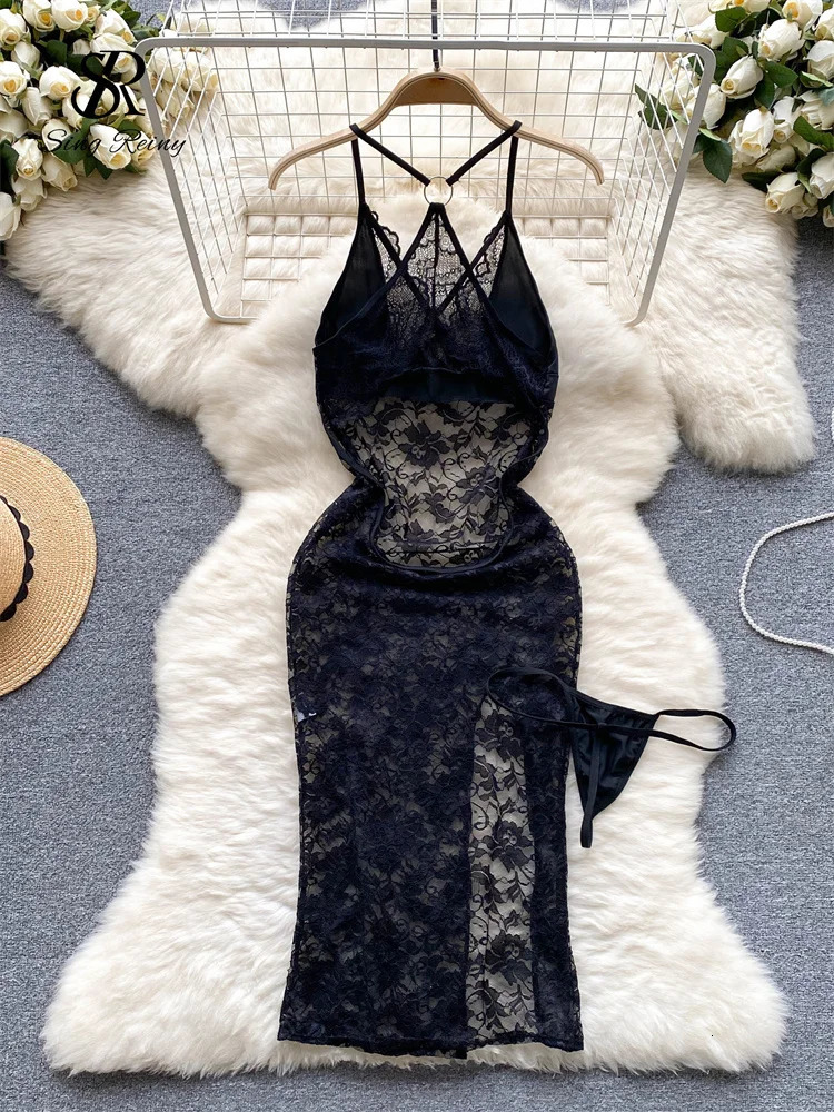 SINGREINY Summer France Sensual Night Dress Erotic Hollow Out Camis Lingerie Nightwear Women Split Slim Sheer Lace Pajamas Dress 241205