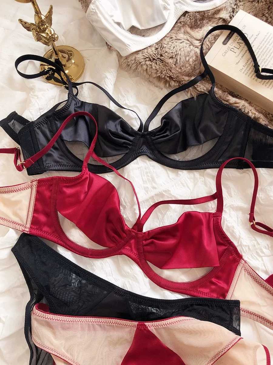 Simple glossy lingerie female sexy thin satin mesh lace with steel ring bandage bra underwear setXJ241205