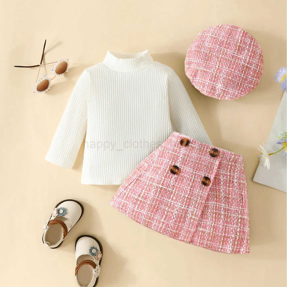 Autumn Baby Girls Clothes Set 0-3 Y Turtleneck Solid Color Top Plaid Skirt and Beret 3Pcs Toddler Christmas Clothes Girls OutfitXJ241205