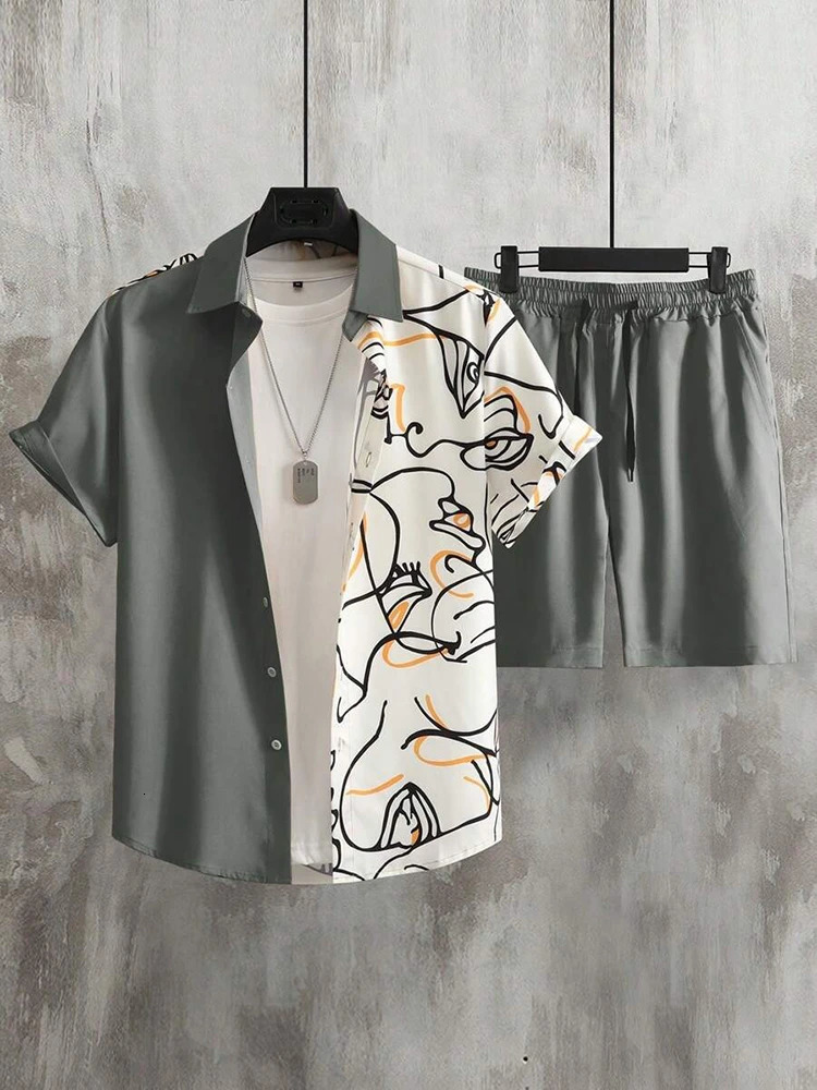 2024 Summer Mens Shortsleeved Shirt Beach Shorts Set Outdoor Everyday Street Fashion Casual 241204