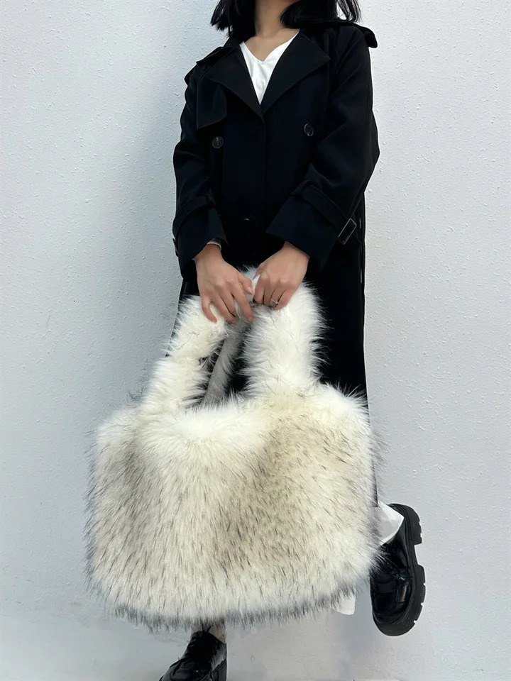 Fashionable large handbag faux fur womens handbag er womens handbag fluffy soft plush shopping bag warm winter Sac 241205