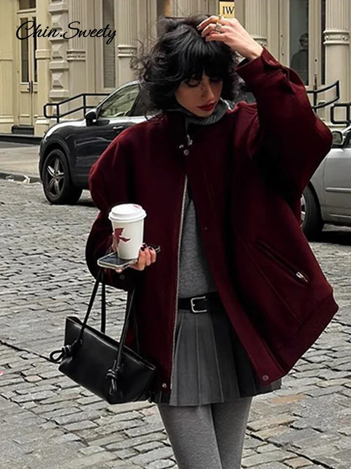 Fashion Loose Baseball Jacket Women Autumn Casual Oversized Zipper Pockets Wine Red Bomber Coat Vintage Thick Warm Outwear 241205