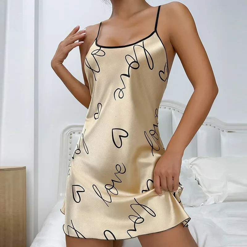 Heart Print Cross Tie Straps Satin Fabric Pajamas Sets Nightdress Casual Round Neck Strap Sleep Dress Sleepwear Dresses 241204