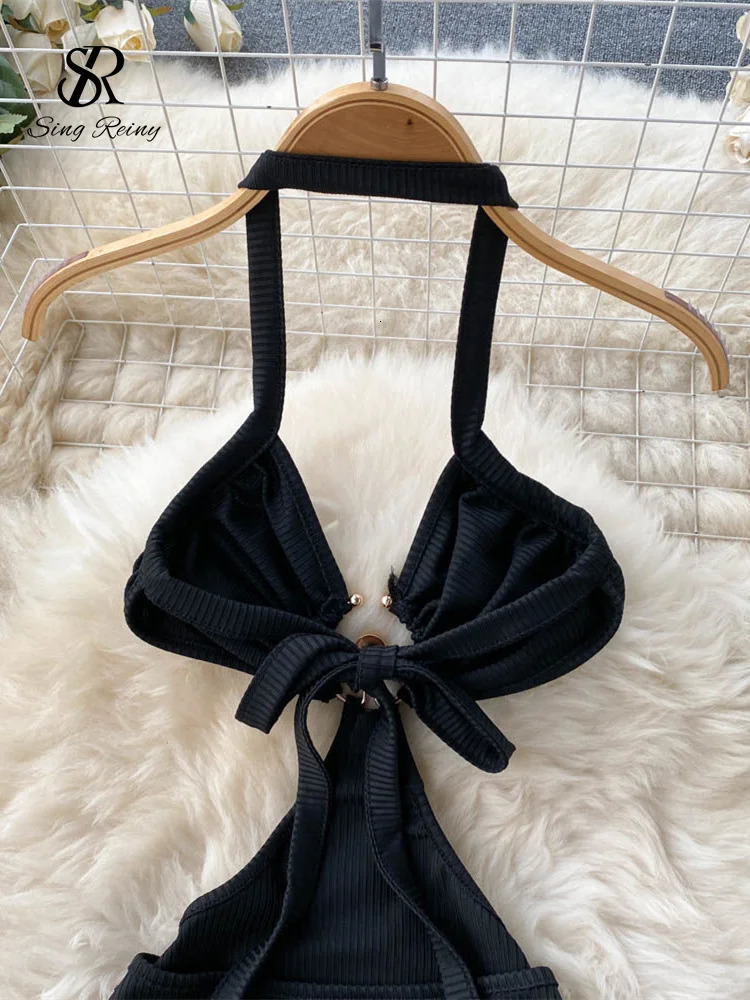 SINGREINY Sensual Camis Female Dress French Sleeveless Lace Up Sheath Dress Women Slim Short Halter Backless Sexy Dress 241205