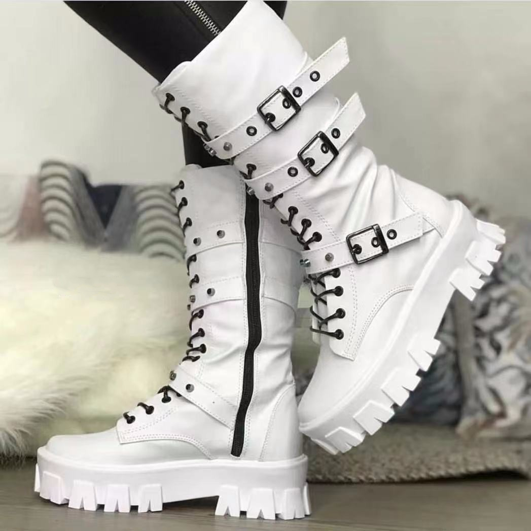 Woman Brand Boots Winter New Pu Leather Platform Fashion Lace Up Punk Gothic Booties New Casual Work Shoes botines mujer 055f nk