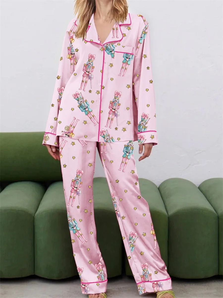Women Christmas Pajama Set Cute Nutcracker Print Long Sleeve Button Down Shirt Pants Satin Silk PJ Set 2 Piece Jammies 241204