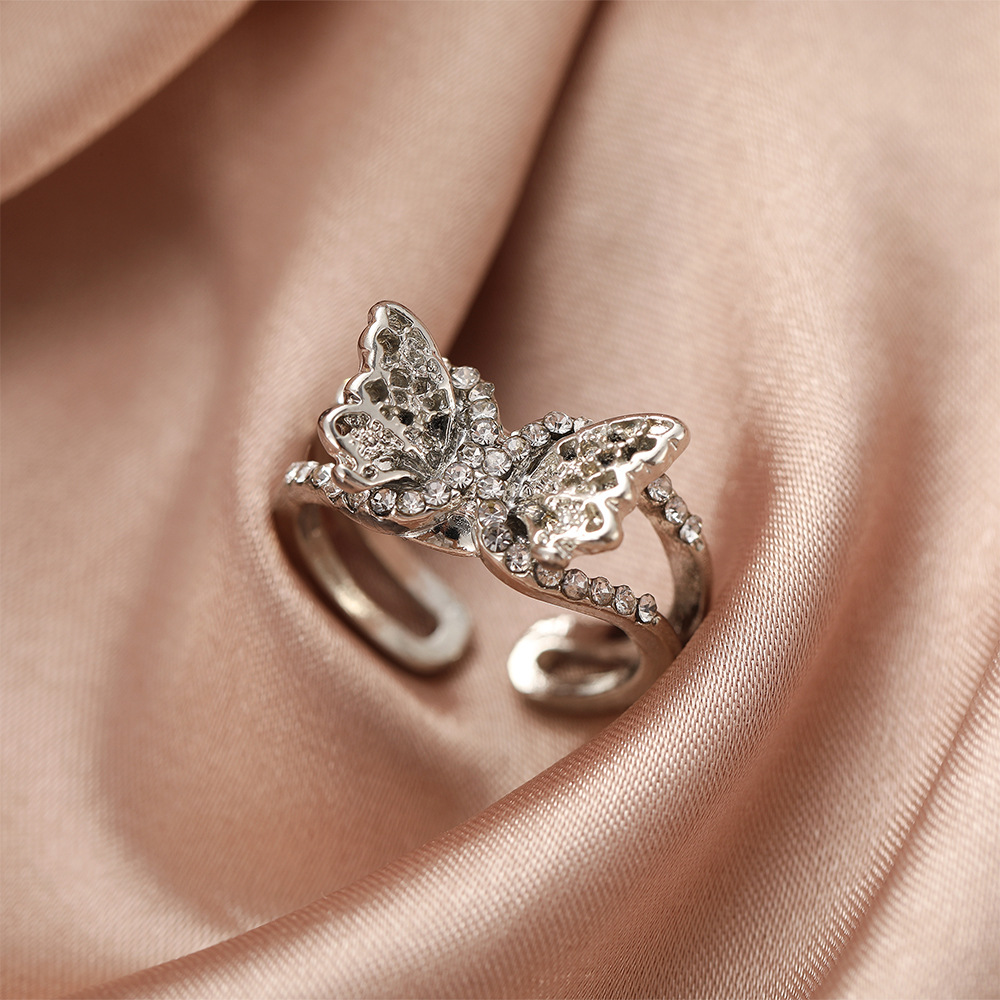 Creative super daffodil rhinestone full butterfly ring opening adjustable retro simple finger ring female