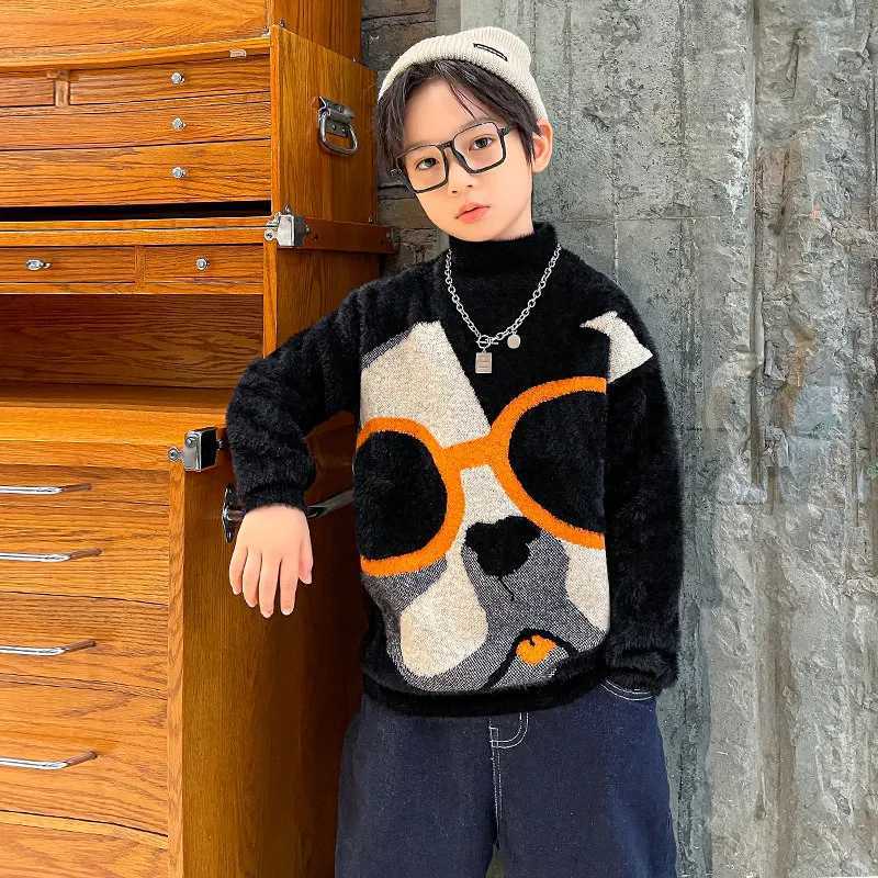 Childrens sweaters boys winter clothing mink wool dog patterns zippers teenagers O-neck sweaters for ages 5-14 W241205