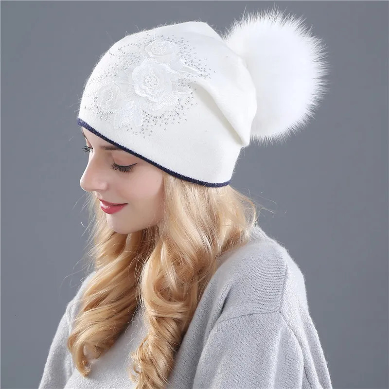 Xthree Womens Winter Beanies Hat Womens Shiny Rhinestone Cashmere Wool Knitted Hat Womens Winter Hat Fur Pom 241205