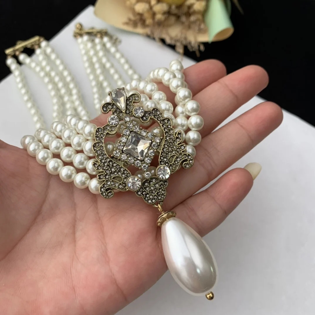 Multi layer glass pearl necklace with gemstone droplet pendant sweater chain earring set 241205