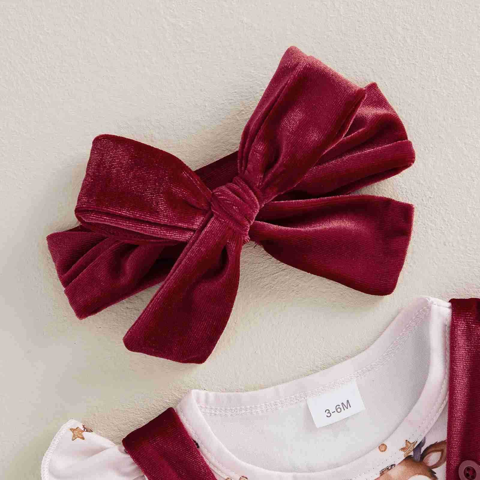 Newborn Baby Girl Christmas Outfits Reindeer Print Long Sleeve Romper with Overalls Skirt and Headband 3 Pcs Sets for AutumnXJ241205