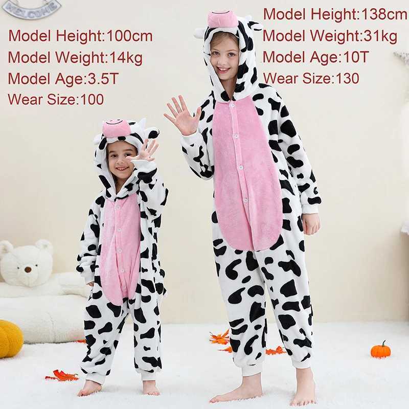 Pajamas Kids Onesies Animal Flannel Pajamas for Children Girl Kigurumi One-piece Milk Cow Pyjama Halloween Cosplay Costume Winter Outfit H241205