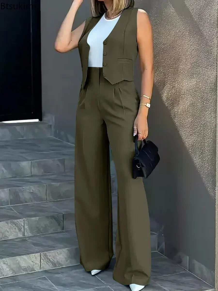 Summer Casual 2PCS Pants Solid Tank TopPants Elegant High Waist Wide Leg Womens Matching Set