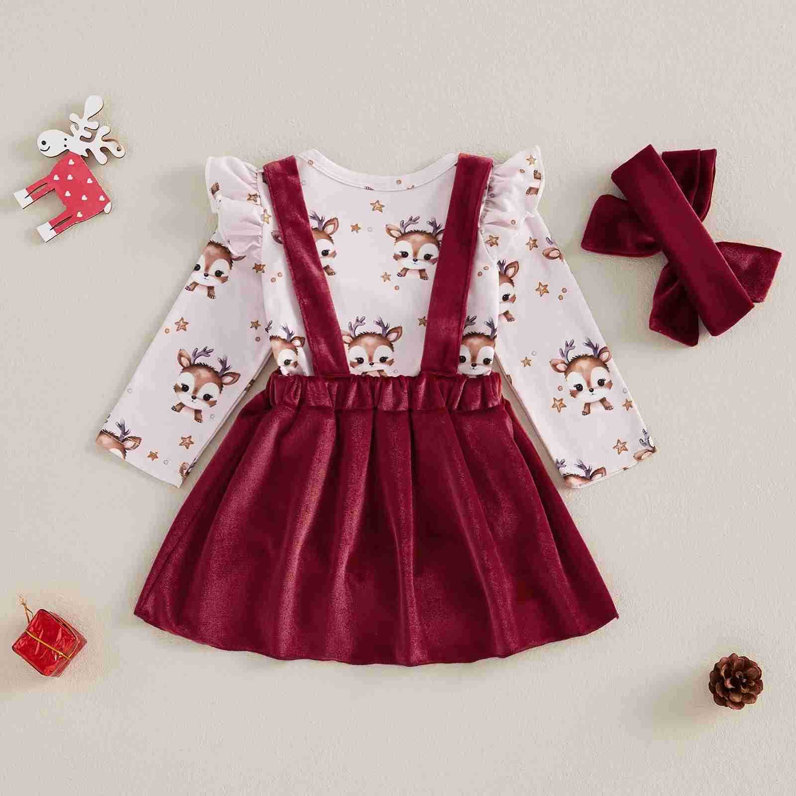 Newborn Baby Girl Christmas Outfits Reindeer Print Long Sleeve Romper with Overalls Skirt and Headband 3 Pcs Sets for AutumnXJ241205