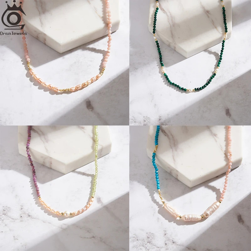 Orsa JEWELS 14K gold natural stone bead necklace Baroque pearl 925 pure silver stone necklace lobster clasp 241205