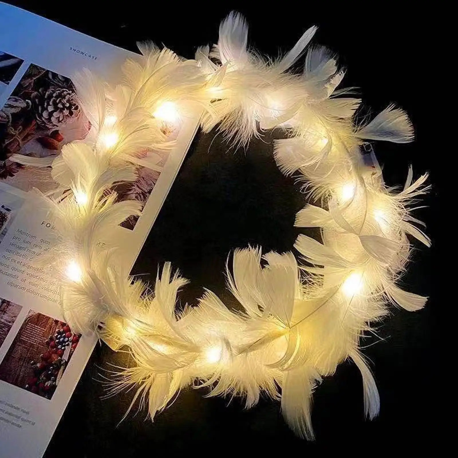LED Feather Wreath Crown Headband Luminous LightUp Angel Halo Girls Wedding Christmas Party Headdress Gifts 241122