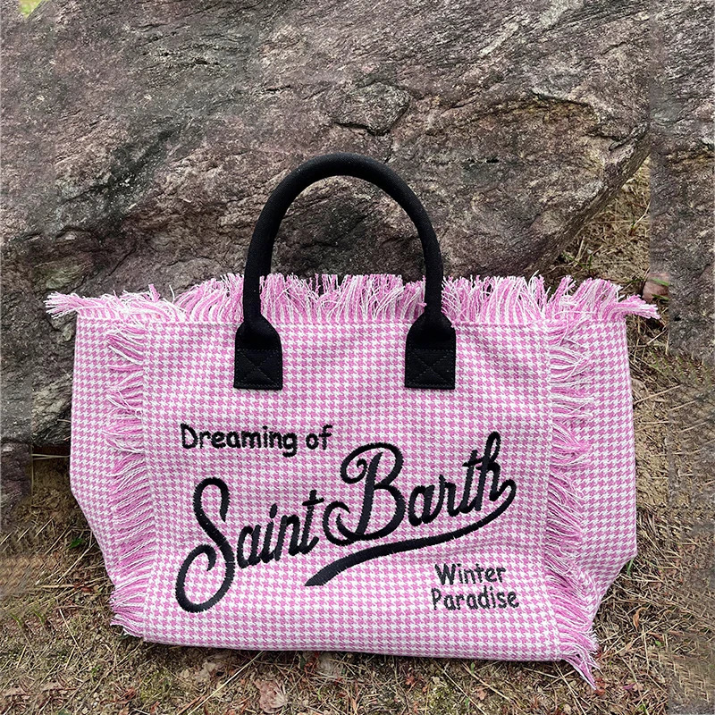 Fashion Street Bag y Woman Tassel Handbag Cotton Linen Houndstooth Stripe Pink Beach High Capacity Shopper 241204