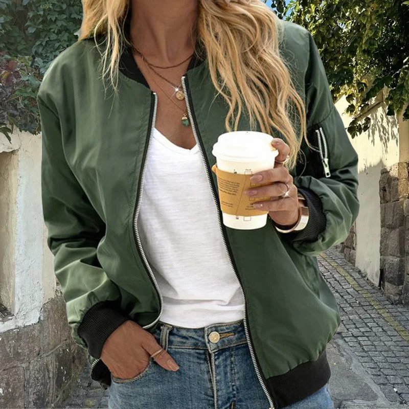 Women Solid Color Zipper Pocket Thin Bomber Jacket Long Sleeve O Neck Baseball Jackets Autumn Warm Ladies Black Basic Coats 241205