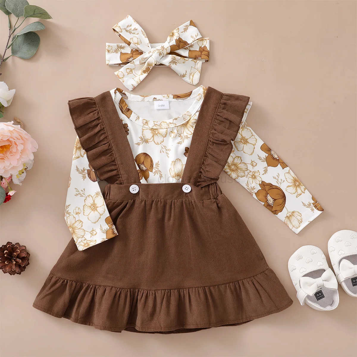0-12 Months Newborn Baby Girl Set Beautiful Camellia Top+Suspender Skirt+Headband 3pcs Baby Girl Spring and Autumn Fashion SetXJ241205