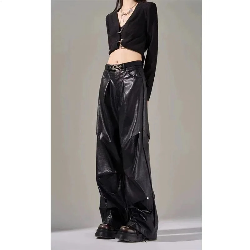 Trendy Autumn American Retro Oversize Leather Pants for Women Loose and Slim with Wrinkle n Straight Leg Wide 241205