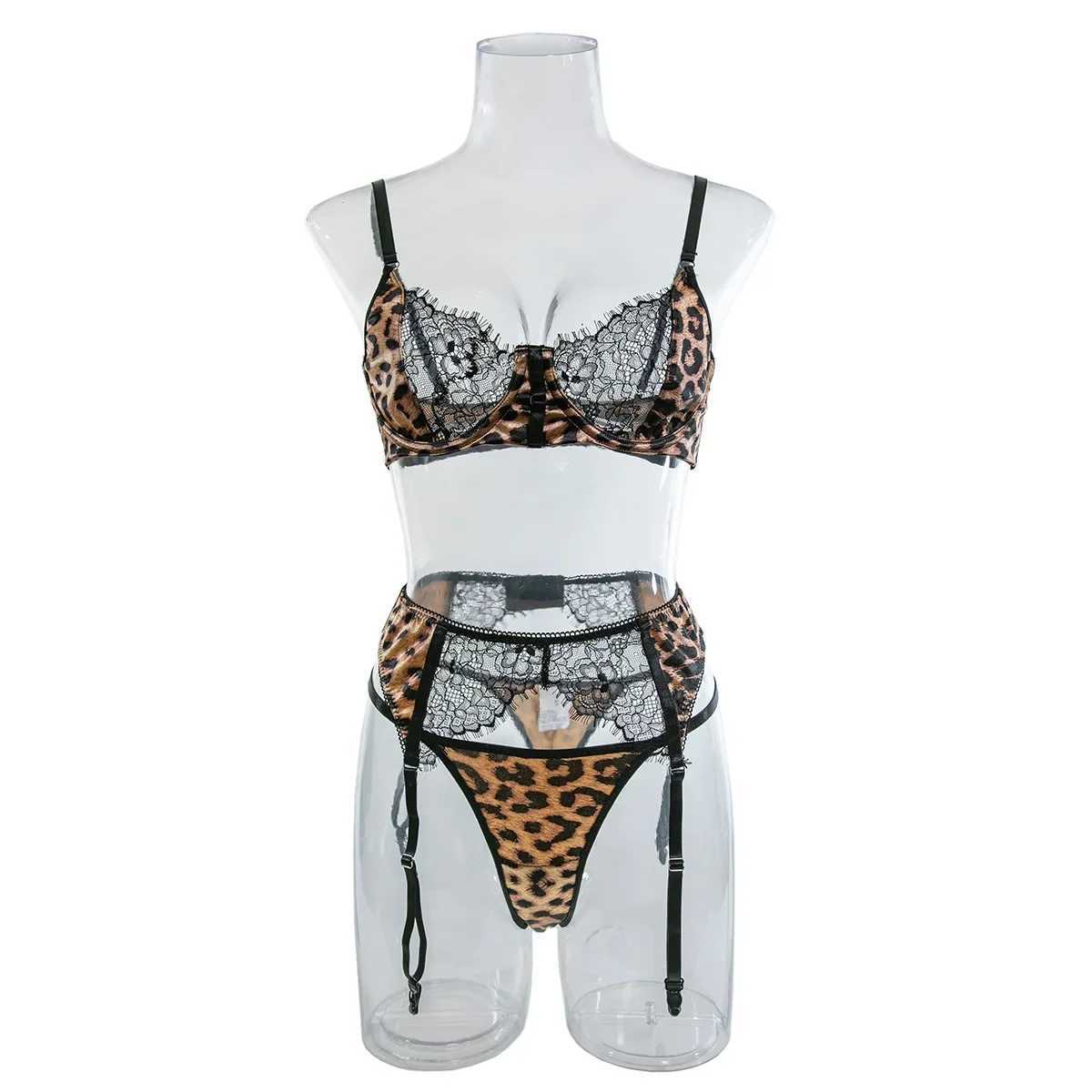 Sexy Wild Leopard Printed Lace Patchwork Lingerie Set Women Comfortable Three Piece Bra and Panty Set Female Exotic Apparel SuitXJ241205