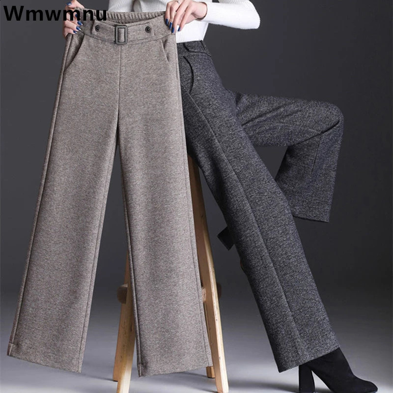 Thicken Wool Blended Straight Pantalones Woolen Wide Leg Pants Elegant Fashion Baggy High Waist Warm Pantalon Fall Winter 241205