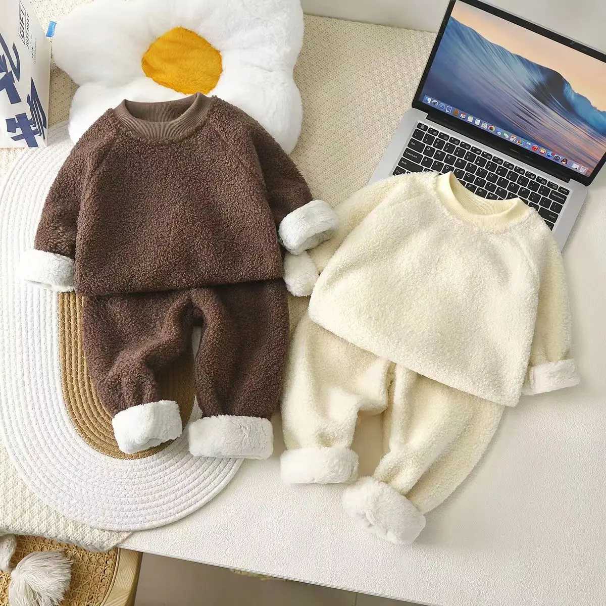 Pajamas New Baby Warmth Set Home Fur Childrens Double Fleece Winter Plush Thickened Lamb Velvet Pajamas for Boys Girls H241205