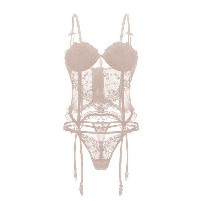 French Sexy Lingerie Embroidered Lace Corset Tops See Through Bra and Panty Set Underwear Pure Desire with Steel Rings BraletteXJ241205