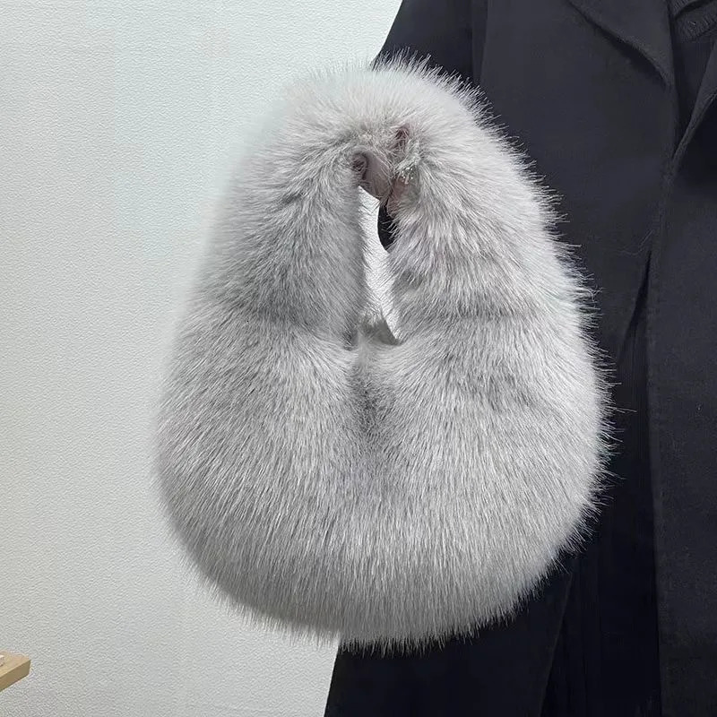 fur womens half moon bag warm plush wrist bag womens fashionable fur short handle clutch cute womens coin wallet 241205
