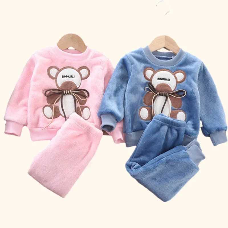 Pajamas Children Clothing Set Baby Pajamas Set Thick Flannel Fleece Child Sleepwear 2Pcs Sets Warm Home Suits Kids Clothes Autumn Winter H241205